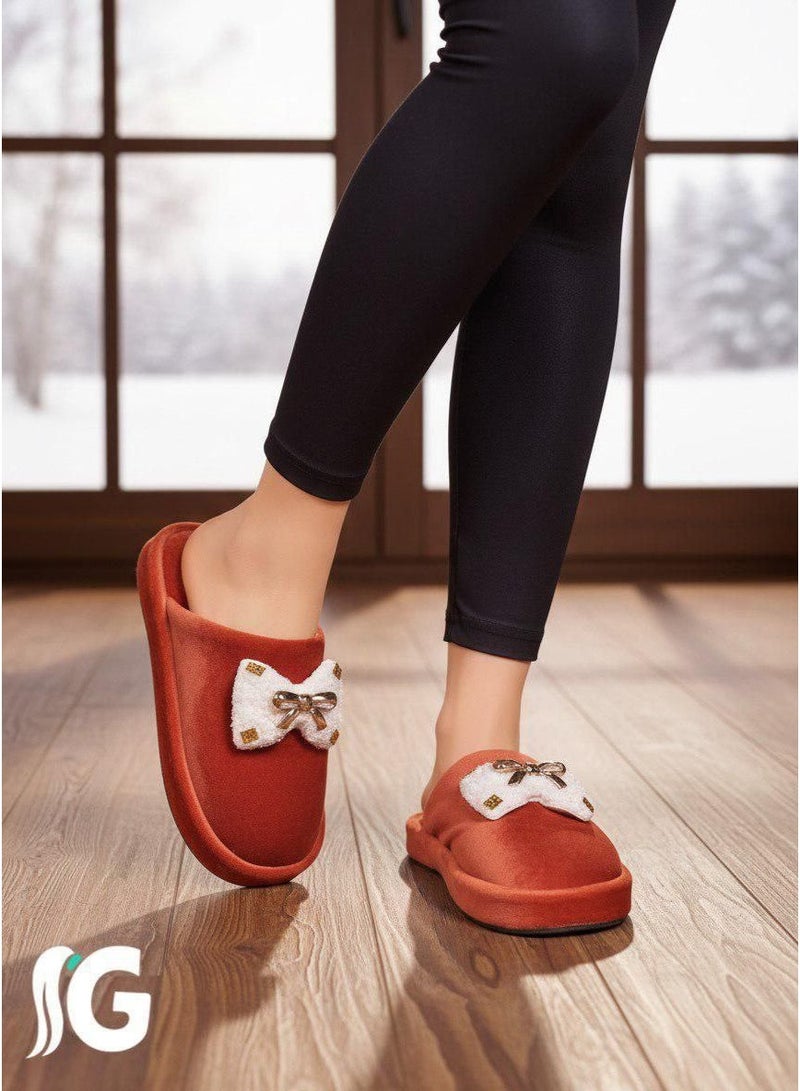 Women's fur slippers, reddish-orange color with a leopard print - Image 1